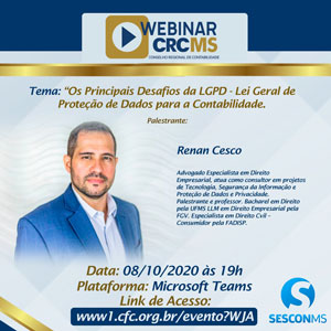 Dia 08/10, 19h, Participe do Webinar “Os Principais Desafios da LGPD – Lei Geral de Proteção de Dados para a Contabilidade”
