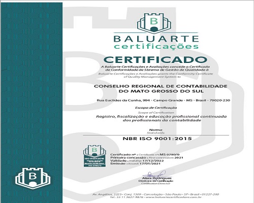 CRCMS Recebe Certificação NBR ISO 9001: 2015