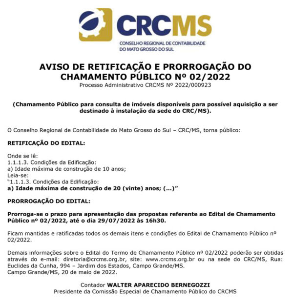 Aviso De Retificação E Prorrogação Do Chamamento Público Nº 022022 Crcms 5945