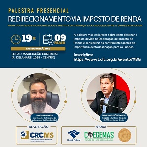 Corumbá – 09/05, 19h: Palestra Presencial “Redirecionamento Via Imposto de Renda para os Fundos Municipais dos Direitos da Criança e do Adolescente e da Pessoa Idosa”