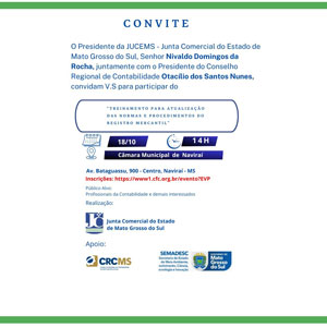 Naviraí: 18/10, 14h – Treinamento JUCEMS “Atualização das Normas e Procedimentos do Registro Mercantil”