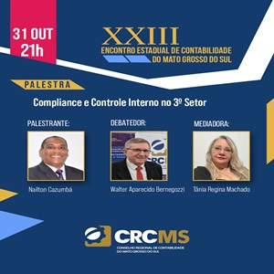 31/10, 21h: Palestra “Compliance e Controle Interno no 3º Setor”. Participe!