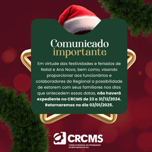 Comunicado: CRCMS Estará de Recesso de 23 a 31/12