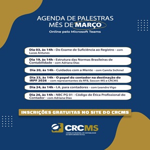 Confira a Agenda de Palestras On-Line do “CRC em Movimento” para Março/2026. Inscrições Gratuitas!
