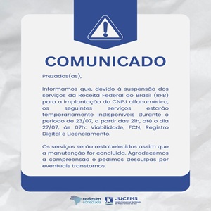 JUCEMS Comunica Paralização de Serviços de 23 a 27/07